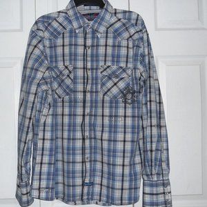 English Laundry XXL Blue Plaid L/S Western Shirt w/Snaps Hand Sewn